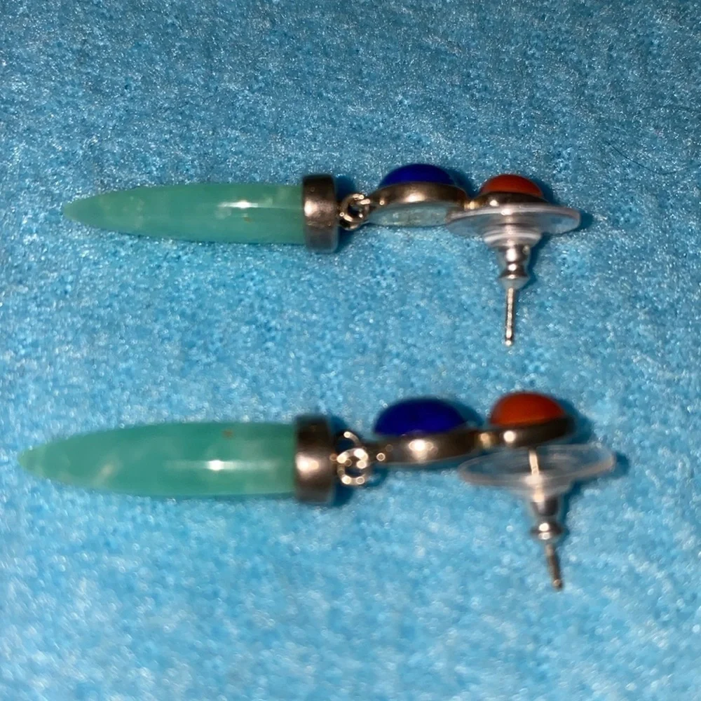 WHITNEY KELLY Jadeite lapis agate pierced earrings .925 sterling silver vintage